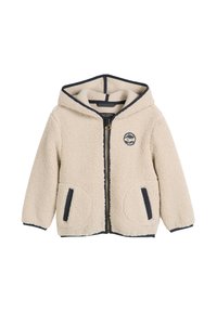 Fleece capuchonvest in crème, met marineblauwe accenten, twee ronde zakken en een logopatch op de linkerborst. Voorzien van een ritssluiting.