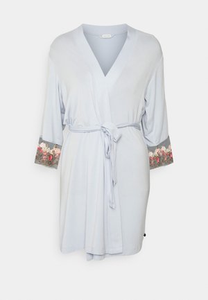 Light blue robe with a V-neck and tie belt. Features floral embroidery on the cuffs. Soft fabric, medium length, relaxed fit.