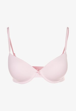 Sujetador rosa acolchado con tirantes ajustables y una textura suave. Presenta un lazo decorativo en el centro delantero y copas sin costuras.