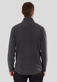 Donkergrijze fleece pullover voor mannen met een hoge kraag, lange mouwen en platte naden, met een subtiel logo op de achterkant van de hals.