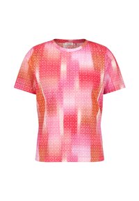 Camiseta de manga corta en tonos degradados de rosa y naranja, con un patrón geométrico por toda la prenda. Tejido suave con un corte relajado.
