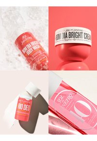 Four Sol de Janeiro cosmetic products shown: body wash with bubbles, bright cream jar, Rio Deo deodorant with cap off, and a pink fragrance mist bottle.