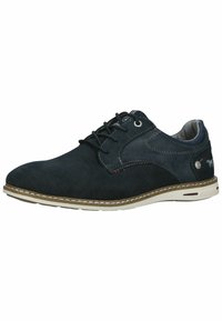 Scarpe da uomo blu scuro con lacci, realizzate in tessuto liscio e testurizzato, con cuciture chiare in contrasto e suola in gomma. Presentano un dettaglio del logo sul lato.