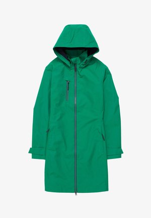 Green waterproof rain jacket with a hood, featuring a front zipper, two side pockets, and a zippered chest pocket. Smooth texture.