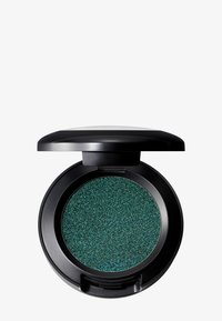 Black compact with a rounded shape containing green shimmery eyeshadow. The texture is sparkly, and the lid is smooth with a glossy finish.