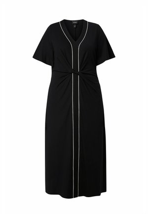 Sort midi-kjole med korte ærmer, V-udskæring, front twist-detalje og kontrasterende hvide lodrette piping fra halsudskæring til kant.