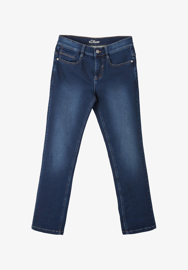 Jean bleu foncé en tissu denim avec cinq poches, une fermeture éclair sur le devant et des coutures contrastantes, présentant une coupe droite.