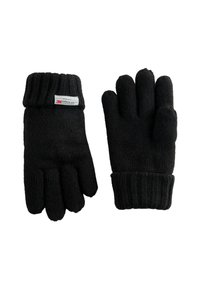 Gants tricotés noirs avec un poignet côtelé, fabriqués en matériau chaud, dotés d'une étiquette 3M Thinsulate pour l'isolation. Design à cinq doigts pour plus de dextérité.
