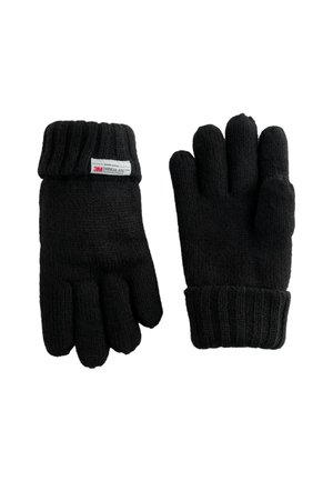 Gants tricotés noirs avec un poignet côtelé, fabriqués en matériau chaud, dotés d'une étiquette 3M Thinsulate pour l'isolation. Design à cinq doigts pour plus de dextérité.