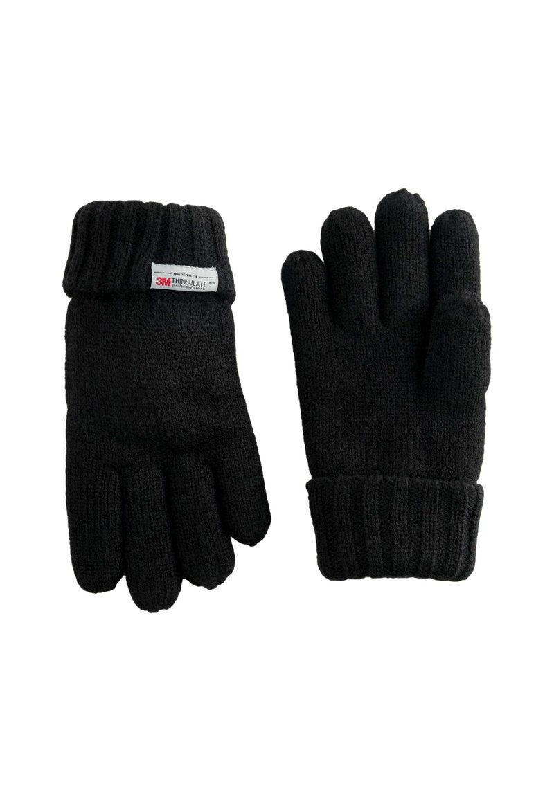 Gants tricotés noirs avec un poignet côtelé, fabriqués en matériau chaud, dotés d'une étiquette 3M Thinsulate pour l'isolation. Design à cinq doigts pour plus de dextérité.