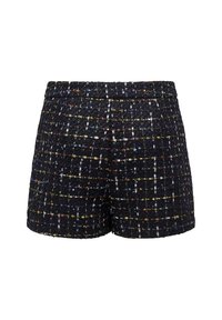 Shorts en tweed noir avec un motif en grille et des fils multicolores. Le tissu a une finition texturée et une taille cintrée.
