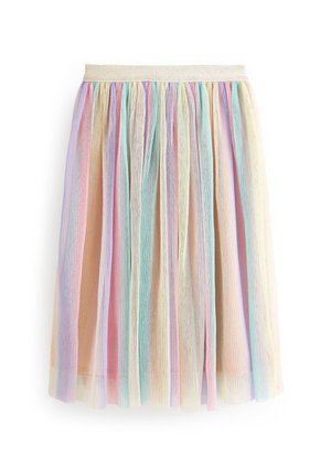 Jupe plissée aux couleurs pastel avec un effet scintillant, présentant des rayures verticales en rose, bleu, jaune et crème. Taille élastique incluse.
