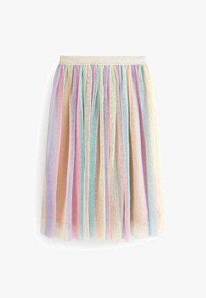 Jupe plissée aux couleurs pastel avec un effet scintillant, présentant des rayures verticales en rose, bleu, jaune et crème. Taille élastique incluse.