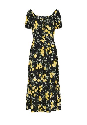Vestido midi negro con estampado de limón amarillo y hojas verdes, mangas abullonadas, escote cuadrado, cintura elástica y bajo con volantes.