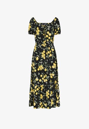 Vestido midi negro con estampado de limón amarillo y hojas verdes, mangas abullonadas, escote cuadrado, cintura elástica y bajo con volantes.
