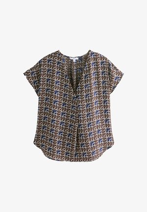 Kortærmet bluse med V-hals, prydet med et geometrisk mønster i brune, blå og cremefarvede nuancer. Glat stof med en afslappet pasform.