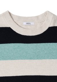 Sweter w paski w kolorach granatowym, jasnoniebieskim, kremowym i mięta. Posiada ribbowany dekolt oraz miękką teksturę. Metka informuje "CECIL."