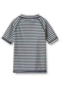 Lyhythihainen rash guard tummansinisissä ja kermanvärisissä raidoissa, valmistettu sileästä, joustavasta kankaasta, jossa on litteä kaulus ja vahvistetut saumat.