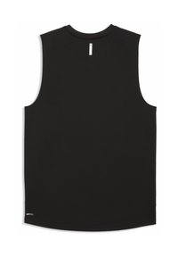 Chemise noire sans manches en tissu évacuant l'humidité, avec un col rond et une petite étiquette logo en bas à gauche.