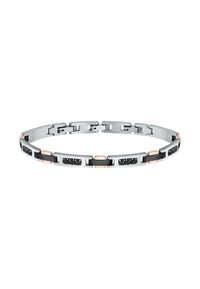Bracciale in acciaio inossidabile con accenti alternati neri e rosa, caratterizzato da un design a catena elegante e una finitura lucida.