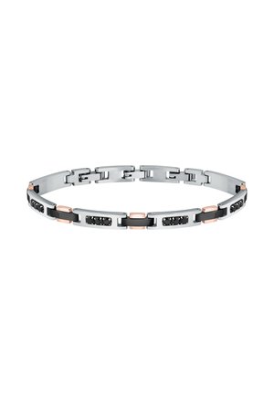 Bracciale in acciaio inossidabile con accenti alternati neri e rosa, caratterizzato da un design a catena elegante e una finitura lucida.