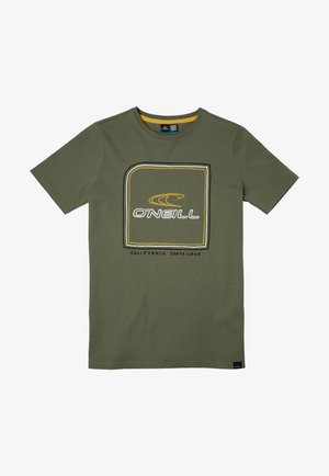 Olivengrøn kortærmet T-shirt med et firkantet motiv og teksten "O'Neill California Santa Cruz" på forsiden.