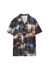 Kurzärmeliges Button-Down-Hemd im Batikmuster mit braunen, blauen und schwarzen Farben. Hergestellt aus leichtem Stoff mit einer lockeren Passform.