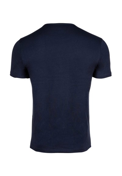 Maglietta a maniche corte di colore blu navy scuro tinta unita con scollo a girocollo, vista posteriore su sfondo bianco.