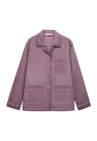 Dusty purple button-up shirt with a collar, two front pockets, and a relaxed fit, made from a textured fabric with a slightly shiny finish.