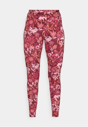 Květinové legíny v tmavě růžové a burgundské barvě, s různými květinami a listy. Vyrobeno z elastického, přiléhavého materiálu.