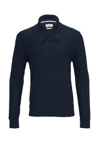 Pull en maille bleu marine avec un col montant, présentant un motif en torsades et des bords côtelés pour plus de texture et de détails.