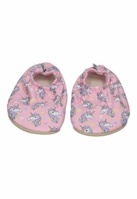 Pink soft slippers featuring a unicorn pattern with colorful manes, elastic openings, and beige soles. Designed for comfort and easy fit.