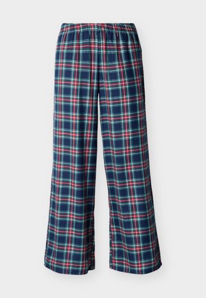 Pantaloni a gamba larga in tessuto scozzese blu navy con vita elastica, caratterizzati da motivi a griglia rossa e verde. Realizzati in tessuto morbido, adatti per un abbigliamento casual.