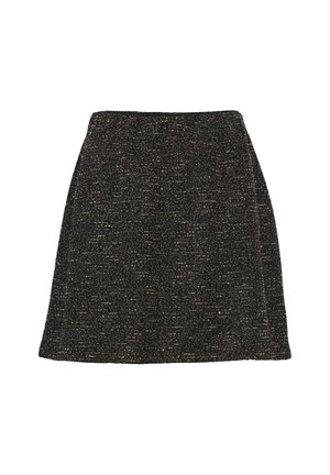 Zwarte geweven rok met een gestructureerd patroon, licht uitlopende vorm en elastische tailleband. Inclusief subtiele metallic draad accenten.