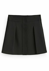 Jupe trapèze noire avec couture verticale à l'avant et plis subtils, avec une ceinture ajustée.