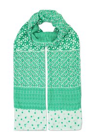 Groene sjaal met ingewikkelde patronen: geometrische vormen aan de bovenkant, verticale strepen in het midden en stippen aan de onderkant. Zachte stof.