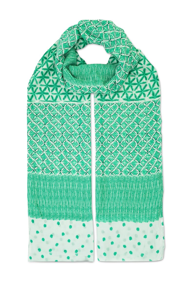 Groene sjaal met ingewikkelde patronen: geometrische vormen aan de bovenkant, verticale strepen in het midden en stippen aan de onderkant. Zachte stof.