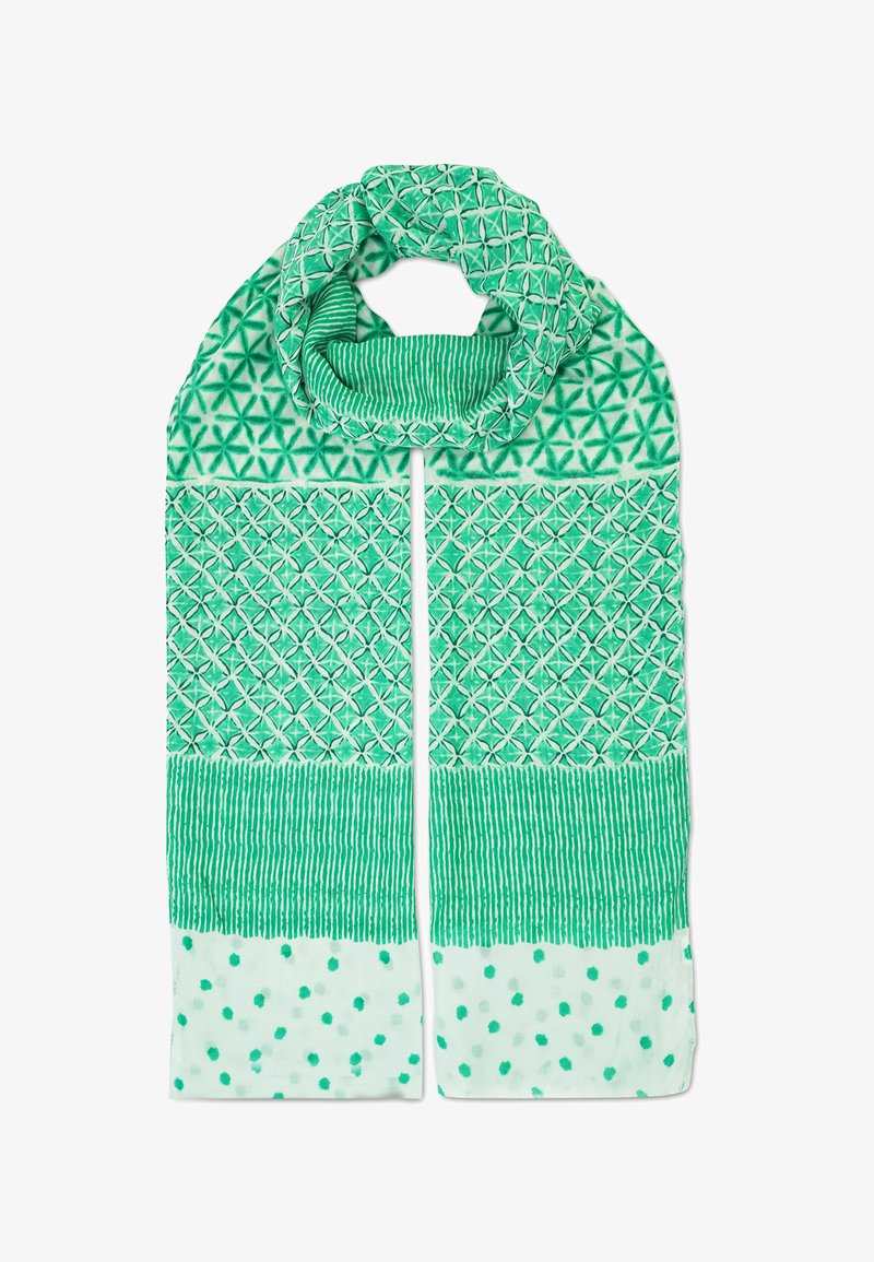 Groene sjaal met ingewikkelde patronen: geometrische vormen aan de bovenkant, verticale strepen in het midden en stippen aan de onderkant. Zachte stof.