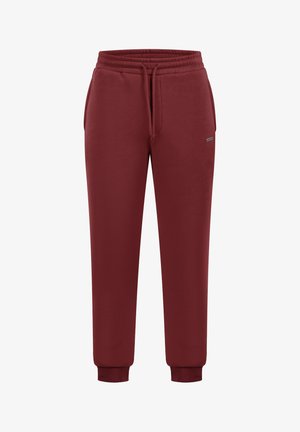 Pantaloni jogger bordeaux con vita elasticizzata e cordino. Polsini a costine alla caviglia. Tessuto morbido con una consistenza liscia.