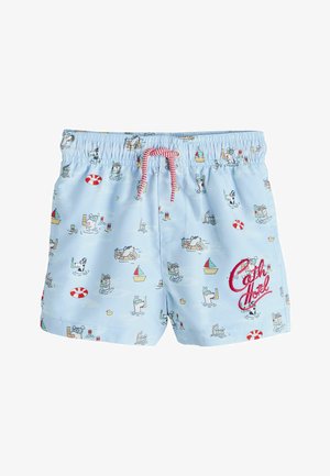 Világoskék úszónadrág piros zsinórral, vidám rajzfilm kutya búvárfigurákkal, vitorlásokkal, mentőgyűrűkkel és "Cath Hotel" felirattal a jobb lábszáron.