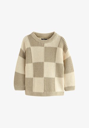 Pull en chunky maille avec un motif à carreaux beige et crème, col rond et manches longues.