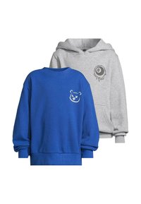 Blå sweatshirt med björngrafik och grå hoodie med åtta-boll grafisk design. Båda har ribbade ärmar och mjukt tyg. Avslappnad design.