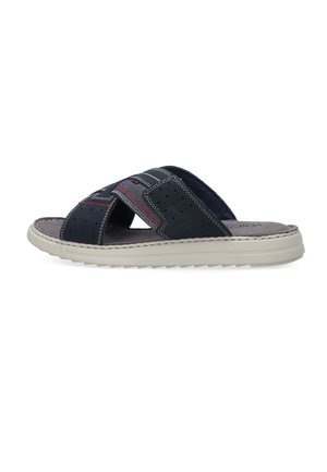 Dark blue slide sandals with a cross strap design, perforated accents, and a light-colored sole. Soft material with subtle stitching details.