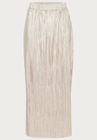 Jupe midi plissée beige métallique, dotée d'une taille élastique et de rayures verticales texturées. Surface lisse et brillante avec une silhouette ajustée.