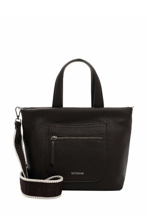 Black leather handbag with a textured finish. Features two handles, a detachable strap, and a front zip pocket for storage.