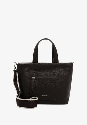 Zwarte leren handtas met een textuurafwerking. Heeft twee handvatten, een afneembare schouderband en een voorvak met ritssluiting voor opslag.