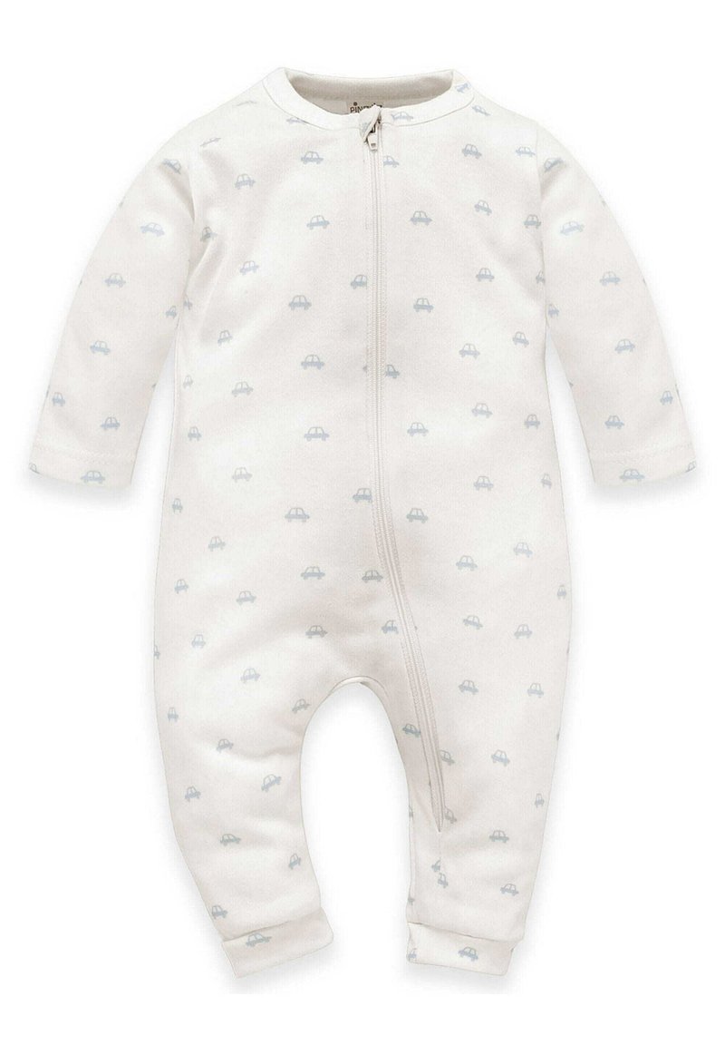 Witte zip-up romper gemaakt van zachte stof, met een herhalend lichtblauw autodesign en lange mouwen met omgeslagen manchetten.