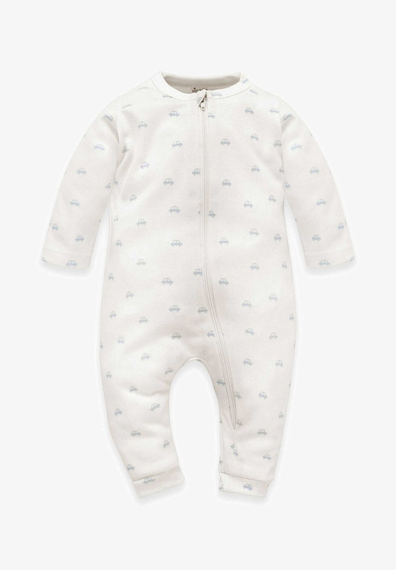 Weißer Zip-Up-Einteiler aus weichem Stoff, mit einem sich wiederholenden hellblauen Auto-Muster und langen Ärmeln mit Bündchen.