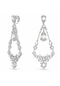 Dangling Ohrringe in Form eines Tropfens mit Diamanten in verschiedenen Schliffen, darunter Birne, Rund und Rechteck, gefasst in einem dreieckigen offenen Design.