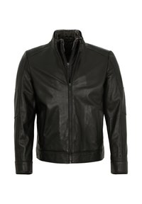 Schwarze Lederjacke mit Reißverschluss vorne und Stehkragen, der mit dunklem Fell gefüttert ist, auf weißem Hintergrund präsentiert.